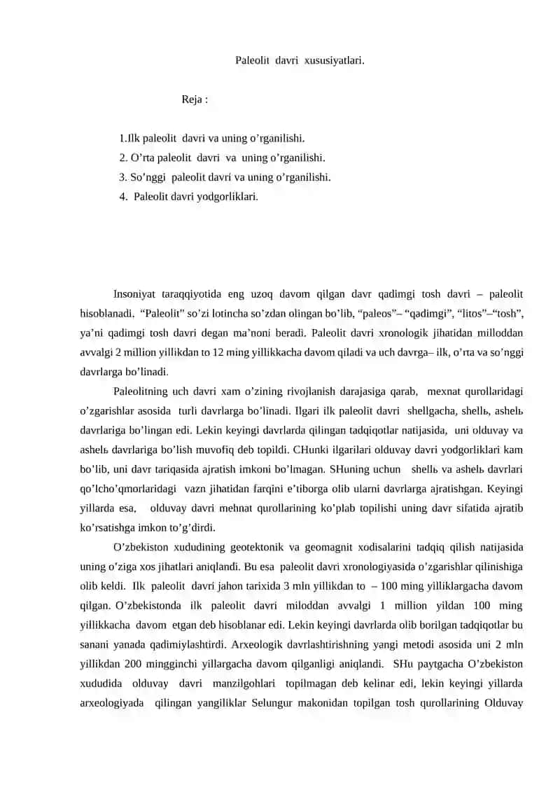 Paleolit davri xususiyatlari