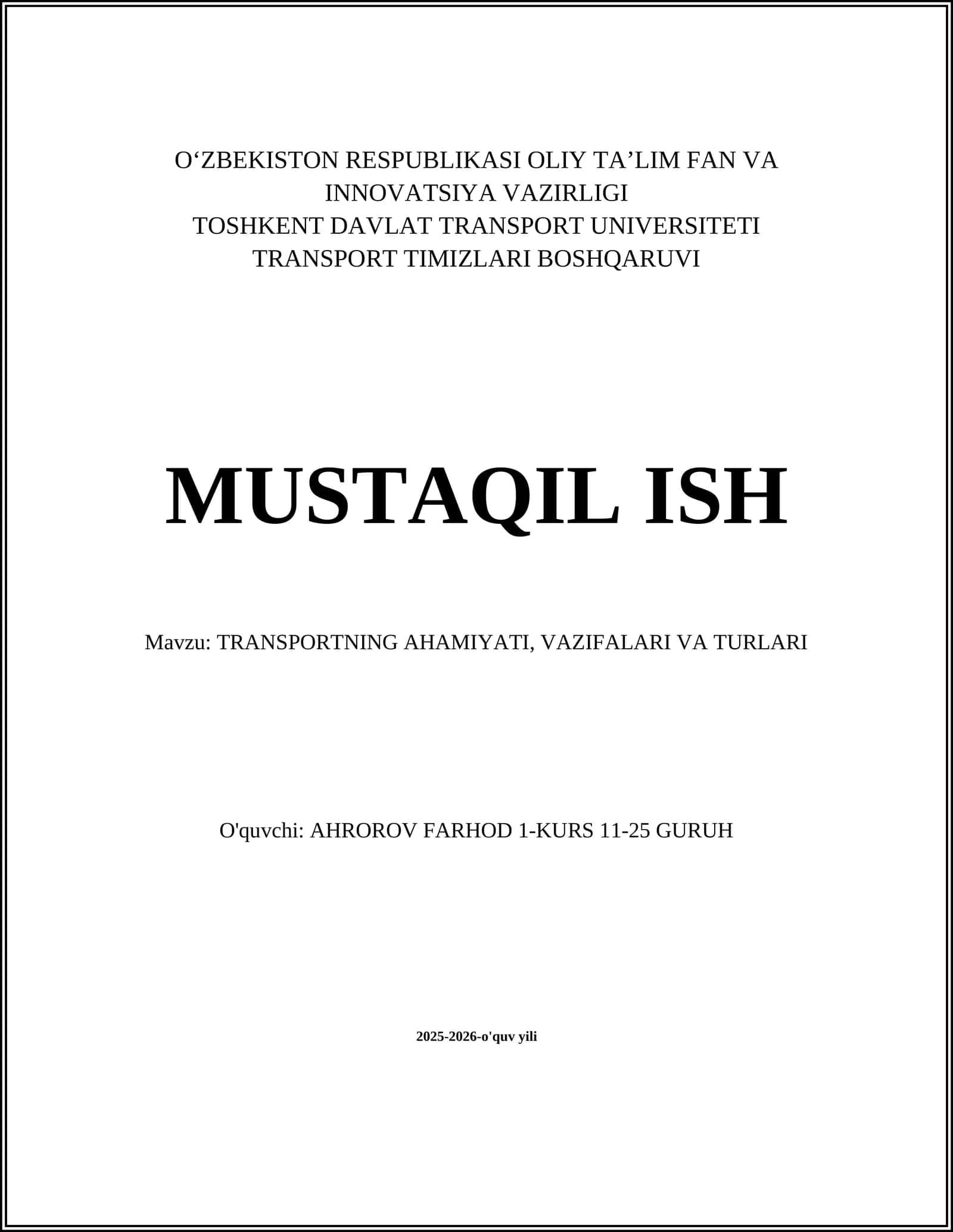 TRANSPORTNING AHAMIYATI, VAZIFALARI VA TURLARI 1