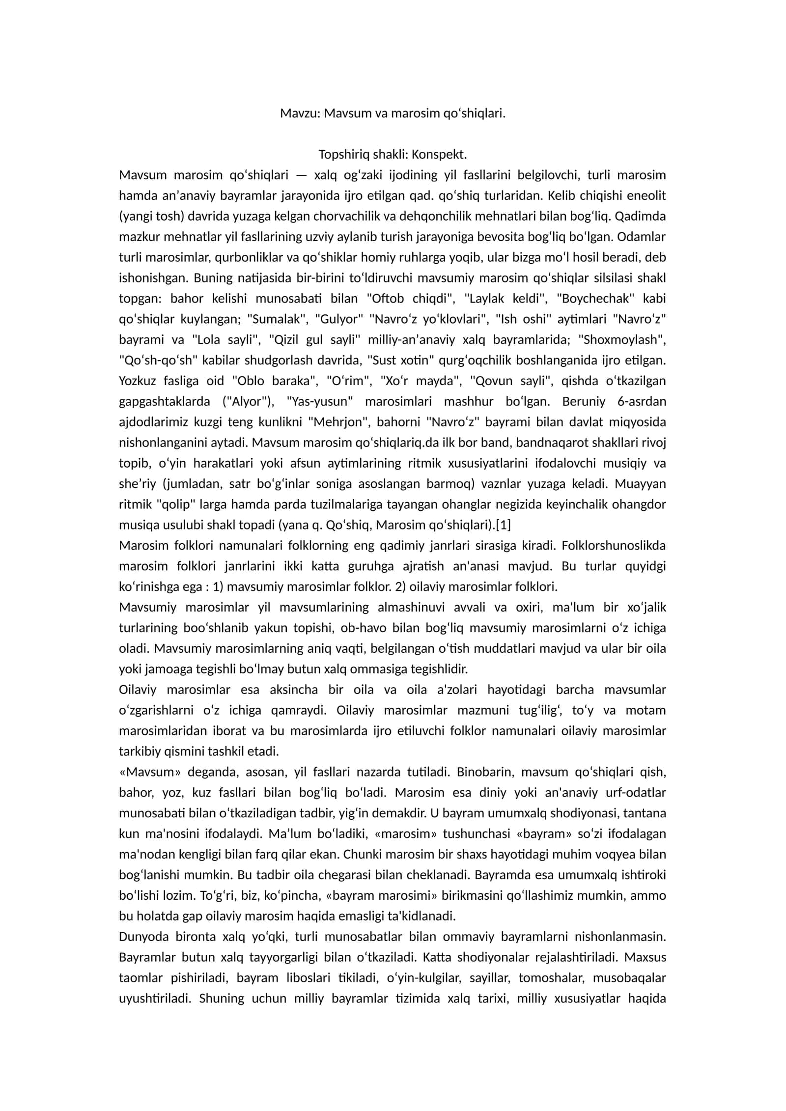Mavsum va marosim qoʻshiqlari 1