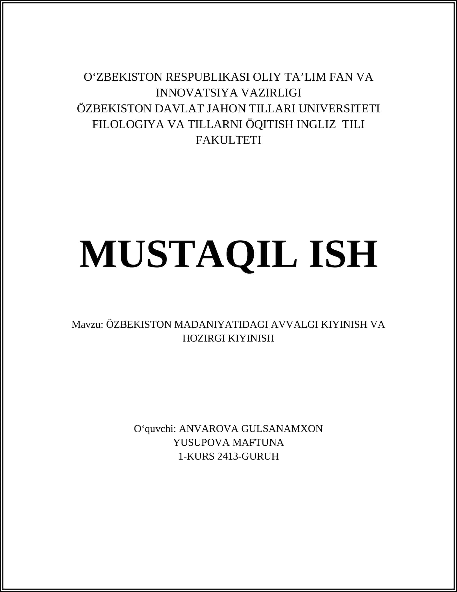 ÖZBEKISTON MADANIYATIDAGI AVVALGI KIYINISH VA HOZIRGI KIYINISH 1