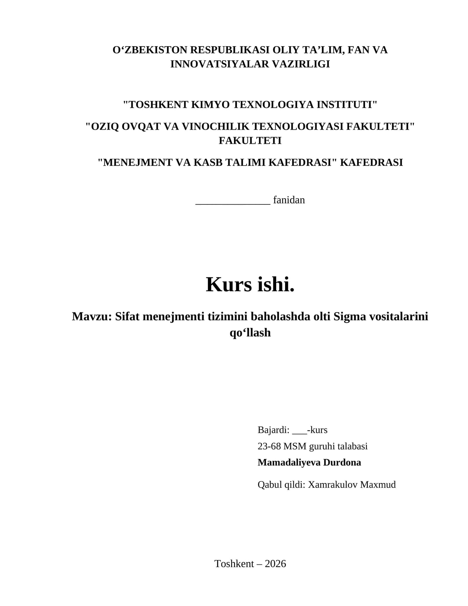 Sifat menejmenti tizimini baholashda olti Sigma vositalarini qoʻllash 1