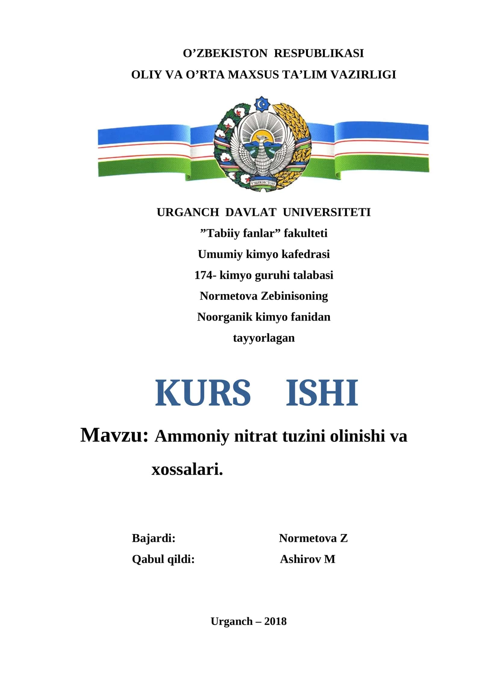 Ammoniy nitrat tuzini olinishi va xossalari 1