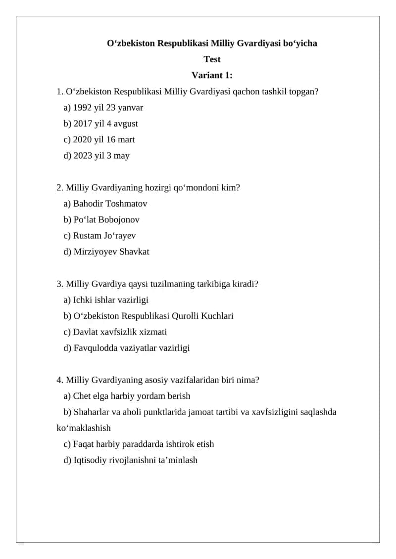 O‘zbekiston Respublikasi Milliy Gvardiyasi Test Variant 1 1