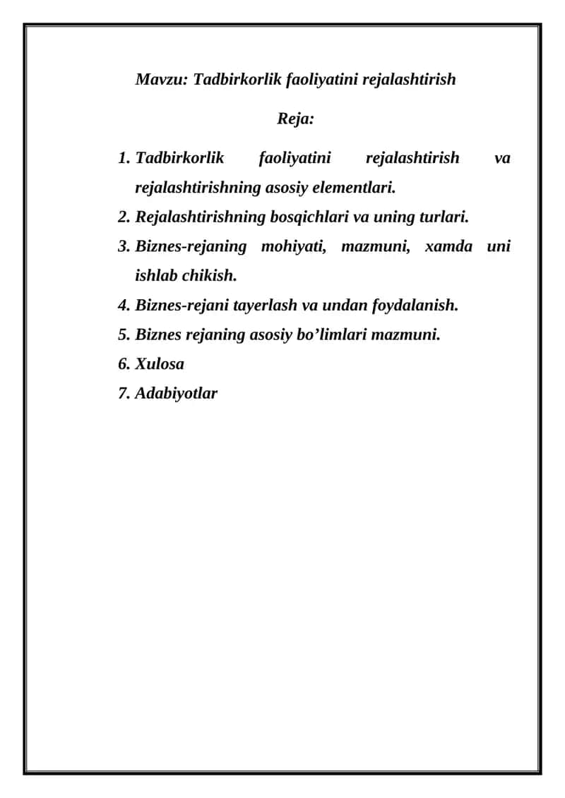 Tadbirkorlik faoliyatini rejalashtirish 1