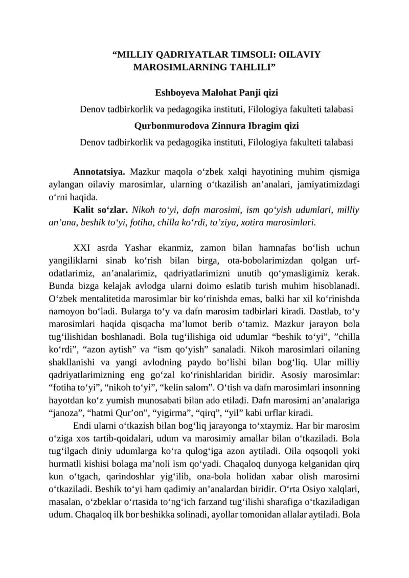 MILLIY QADRIYATLAR TIMSOLI: OILAVIY MAROSIMLARNING TAHLILI 1
