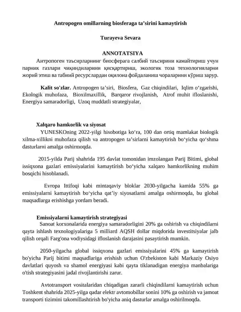 Antropogen omillarning biosferaga ta'sirini kamaytirish