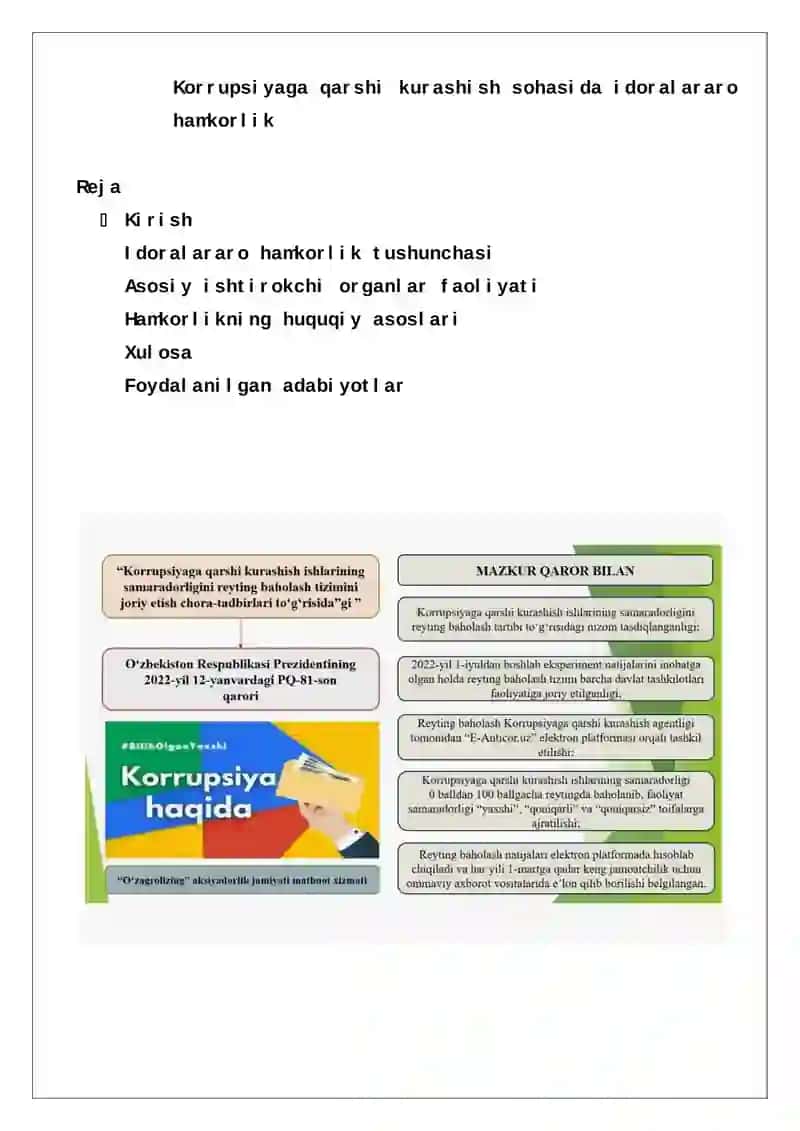 Korrupsiyaga qarshi kurashish sohasida idoralararo hamkorlik