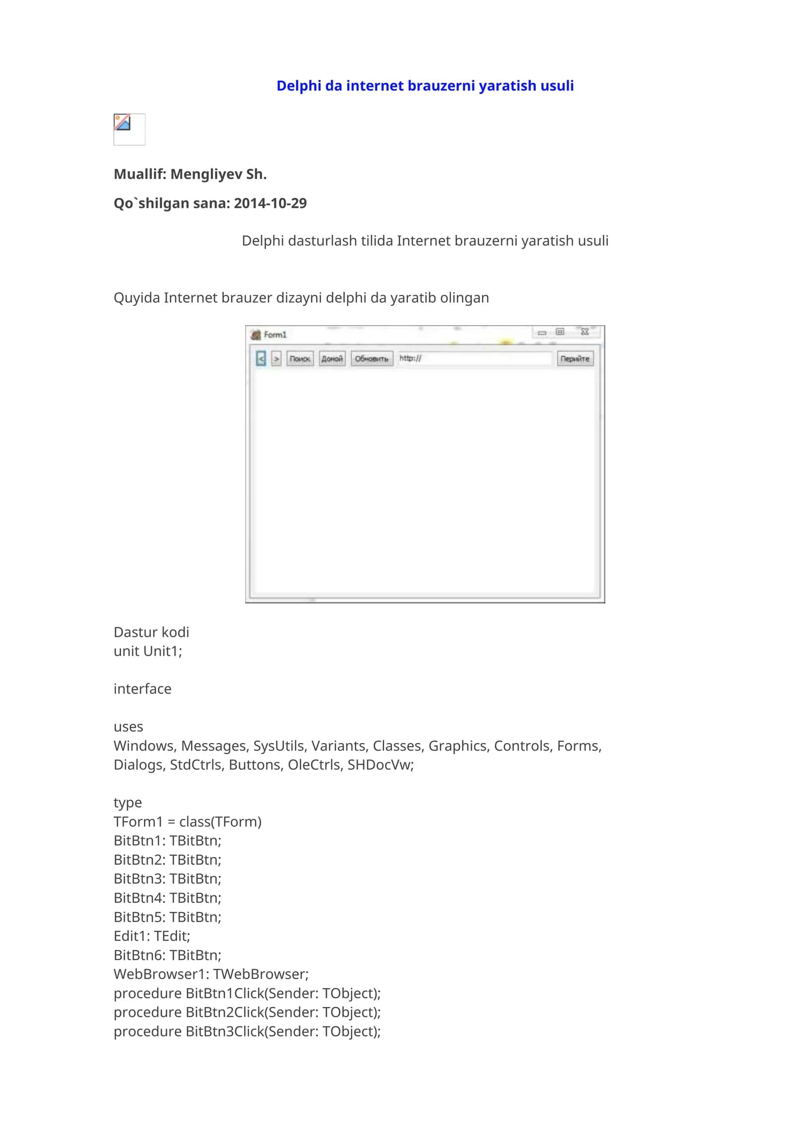 Delphi da internet brauzerni yaratish usuli 1