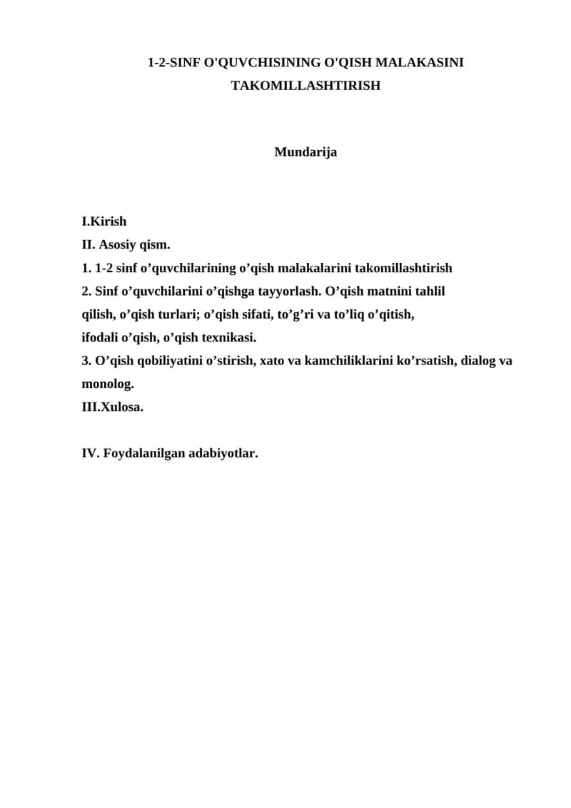 1-2-SINF O'QUVCHISINING O'QISH MALAKASINI TAKOMILLASHTIRISH 1