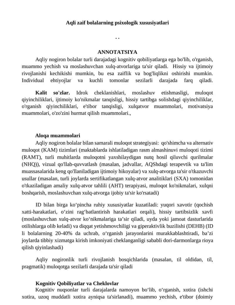 Aqli zaif bolalarning psixologik xususiyatlari 1