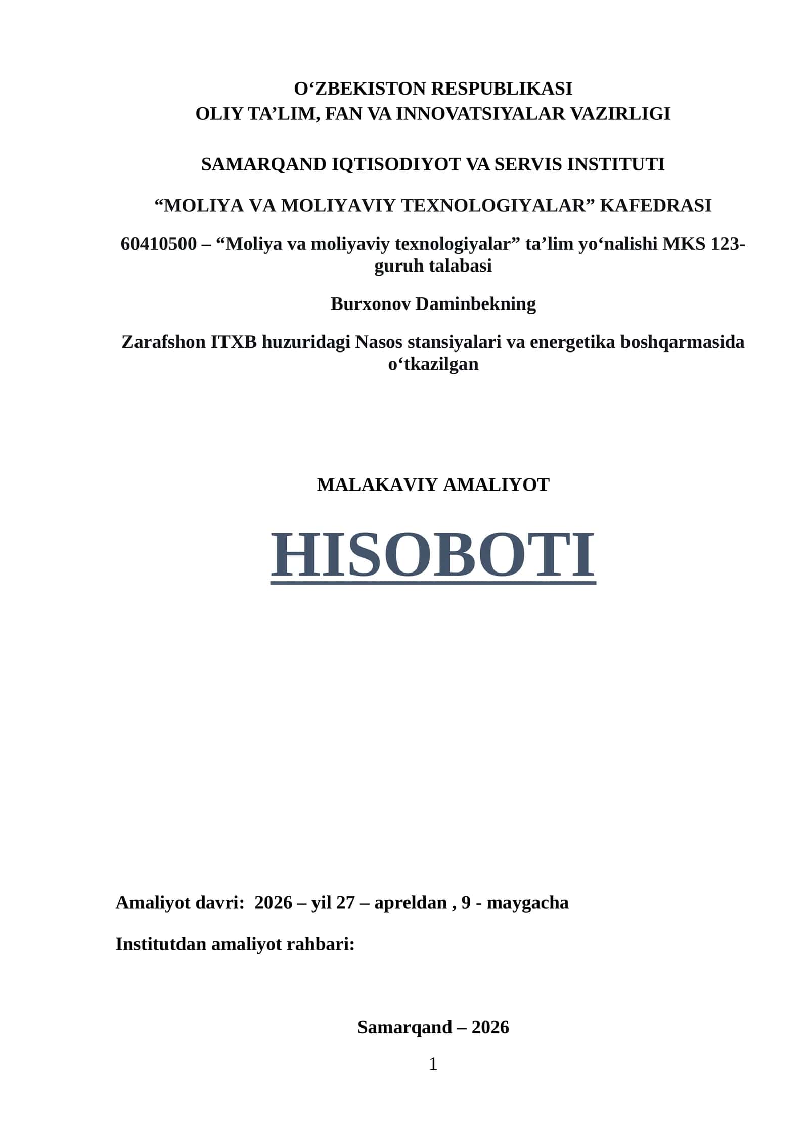 ITXB huzuridagi Nasos stansiyalari va energetika boshqarmasida o‘tkazilgan amaliyot hisoboti 1