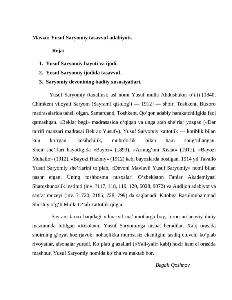 Yusuf Saryomiy tasavvuf adabiyoti 1