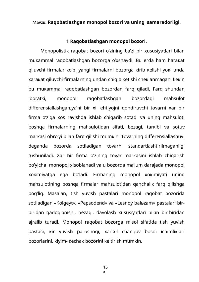 Raqobatlashgan monopol bozori va uning samaradorligi 1