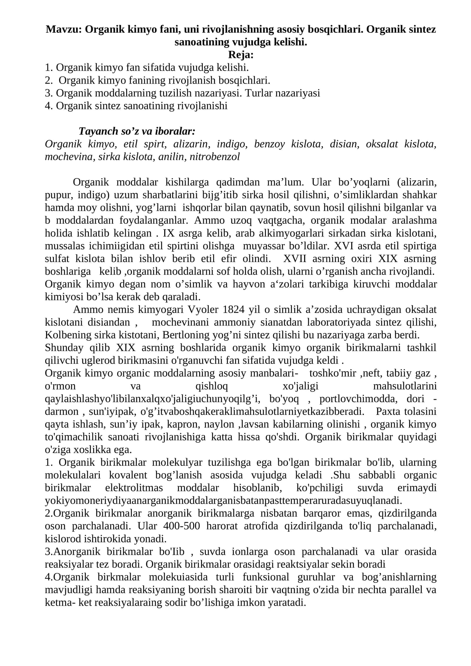 Organik kimyo fani, uni rivojlanishning asosiy bosqichlari 1