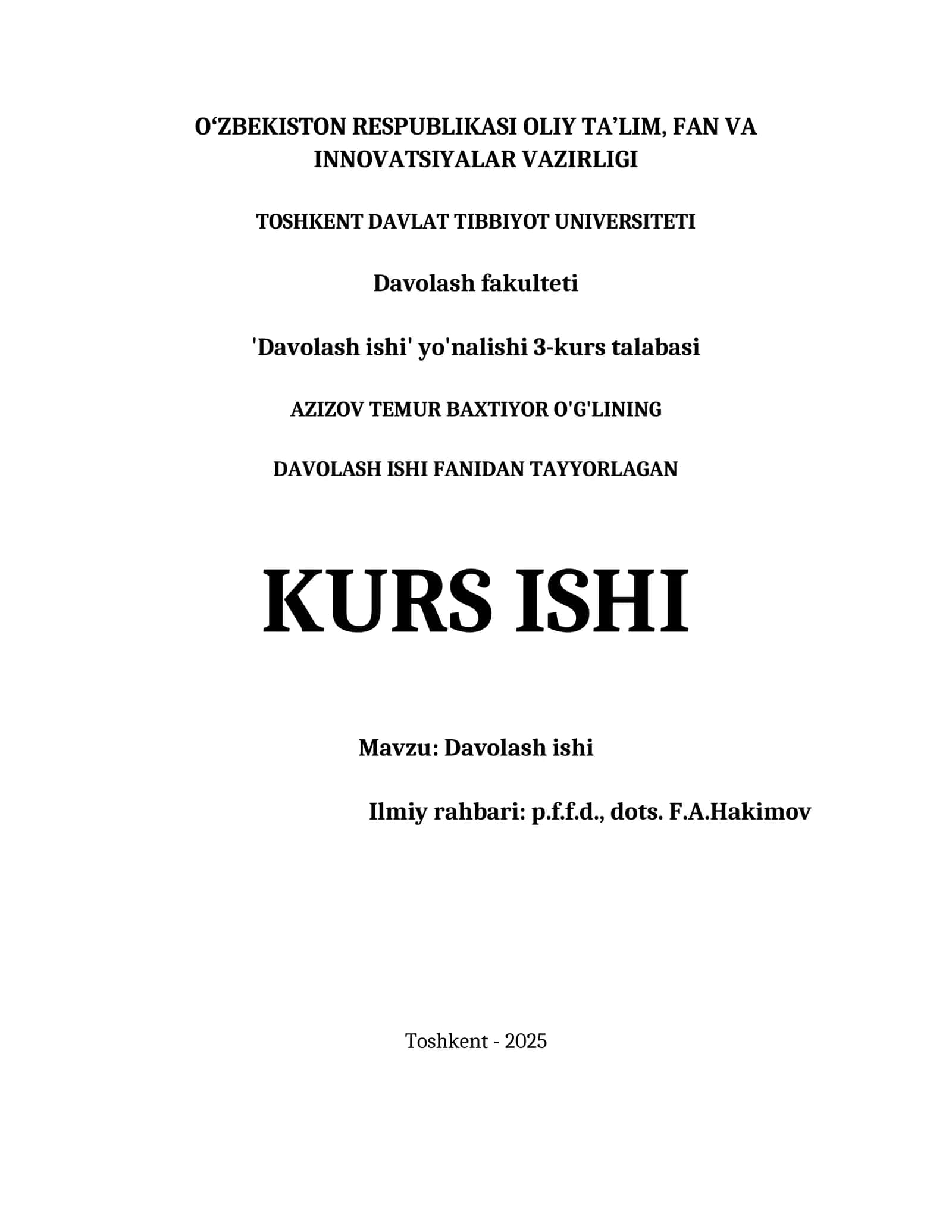 Davolash Ishi Kurs Ishi 1