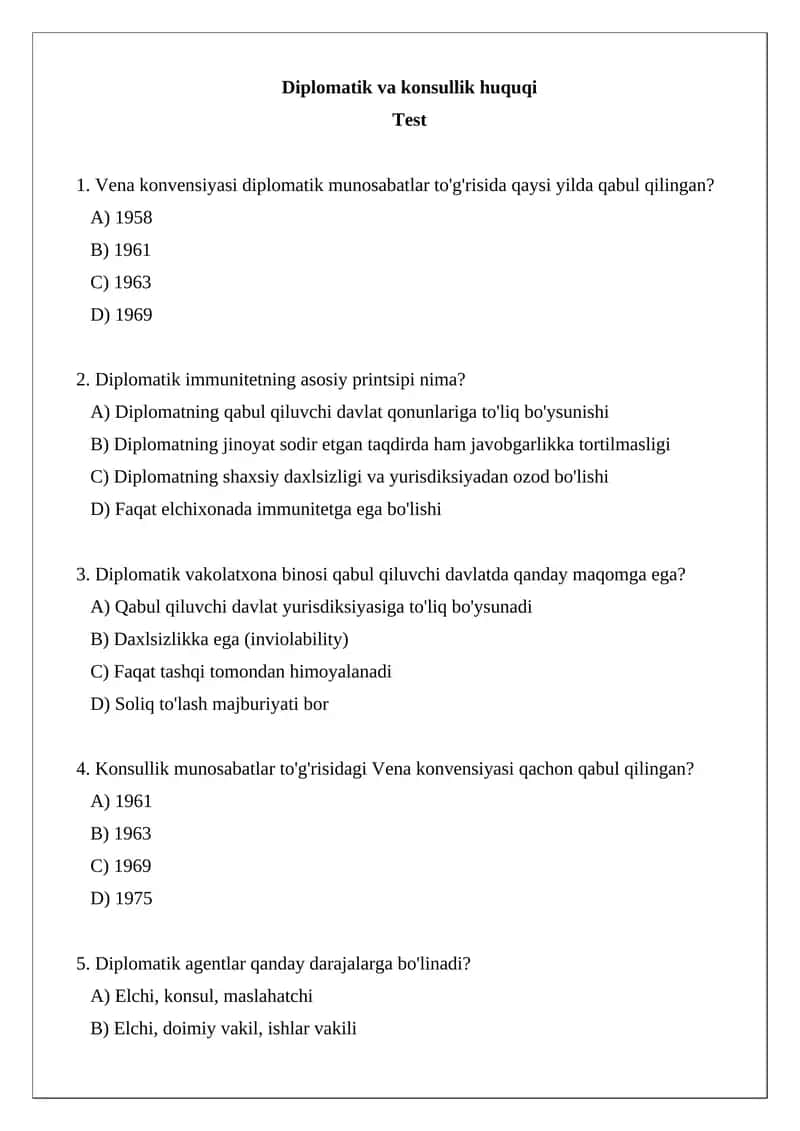 Diplomatik va konsullik huquqi test 1