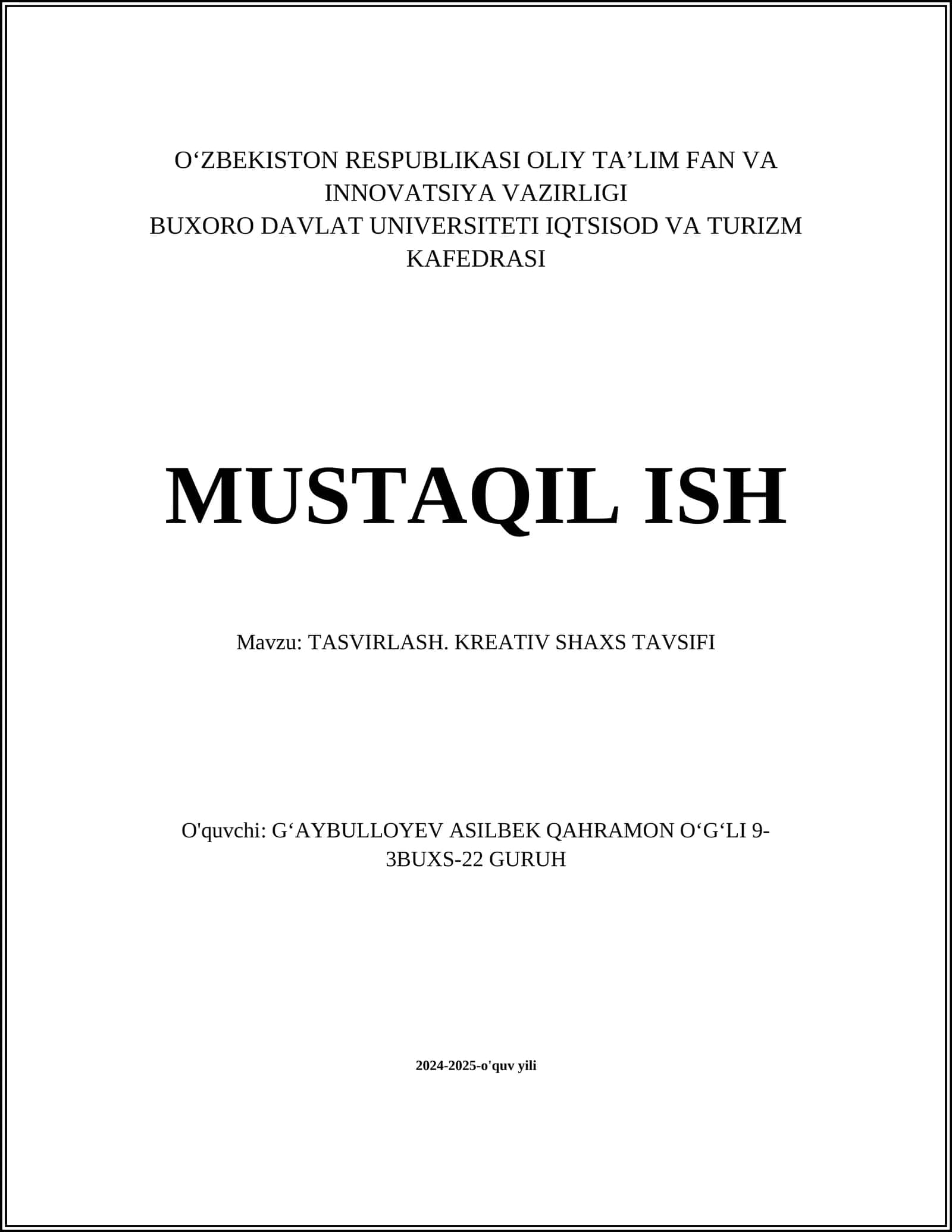 TASVIRLASH. KREATIV SHAXS TAVSIFI 1