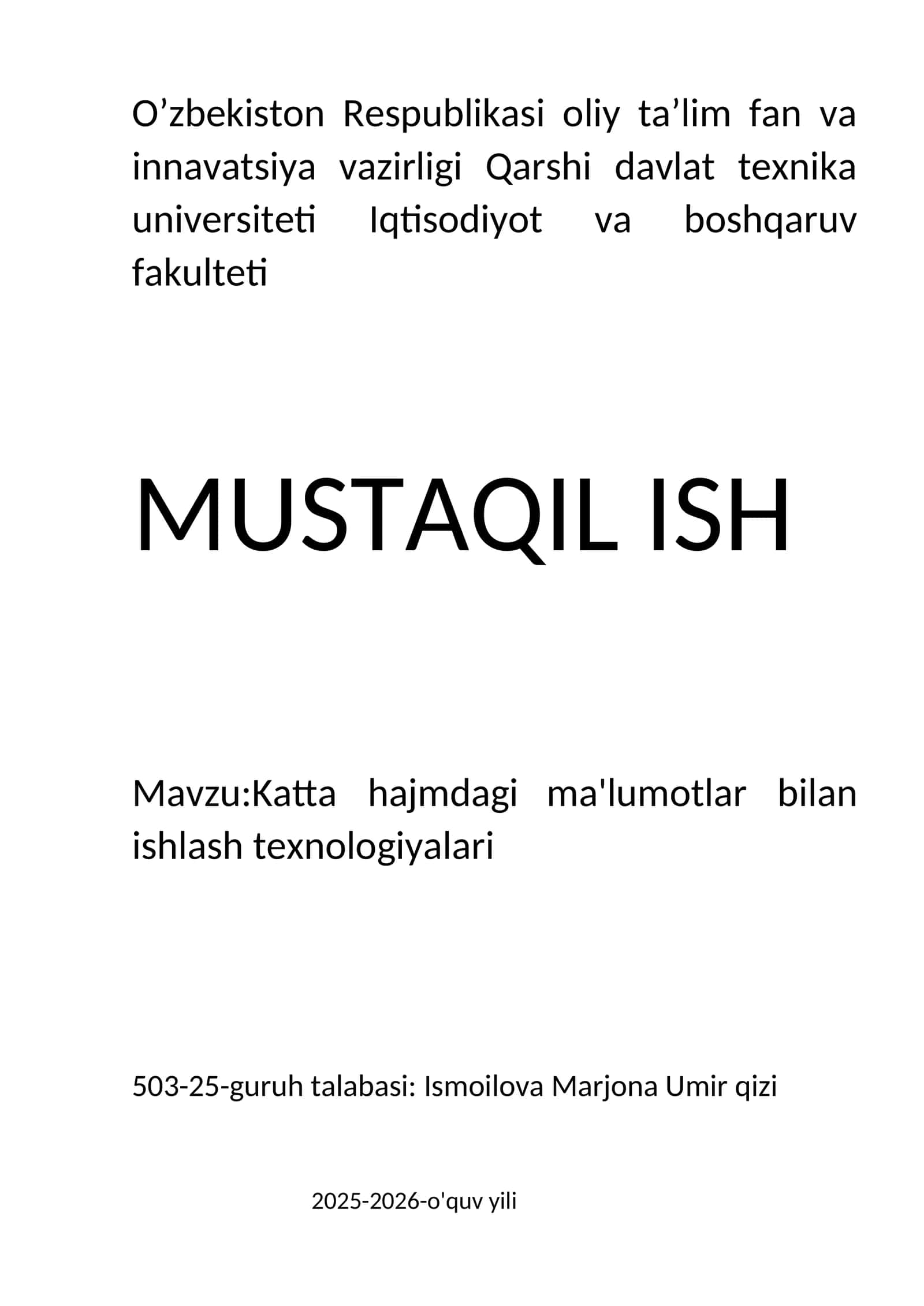 Katta hajmdagi ma'lumotlar bilan ishlash texnologiyalari 1