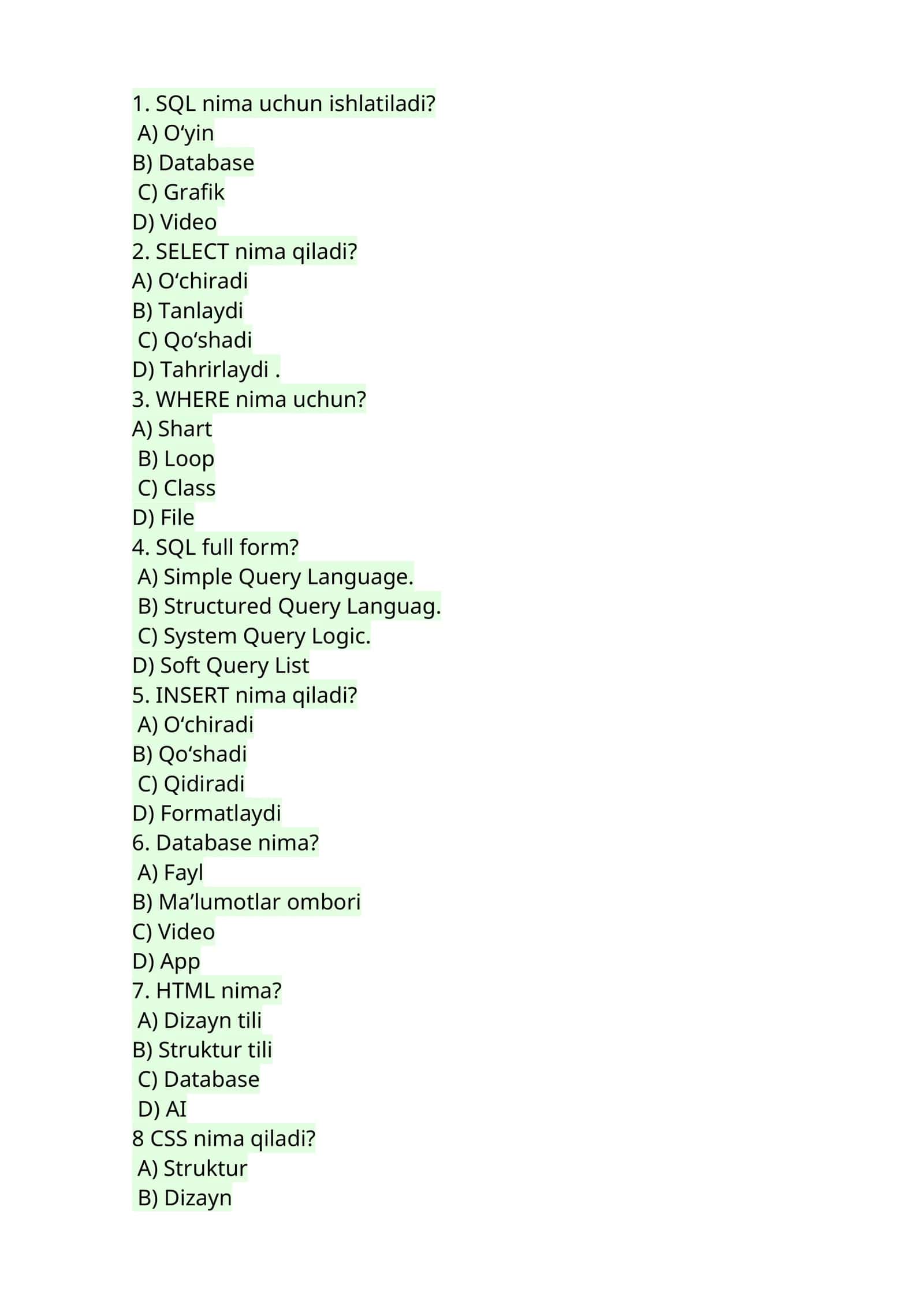 SQL va C++ testlari 1
