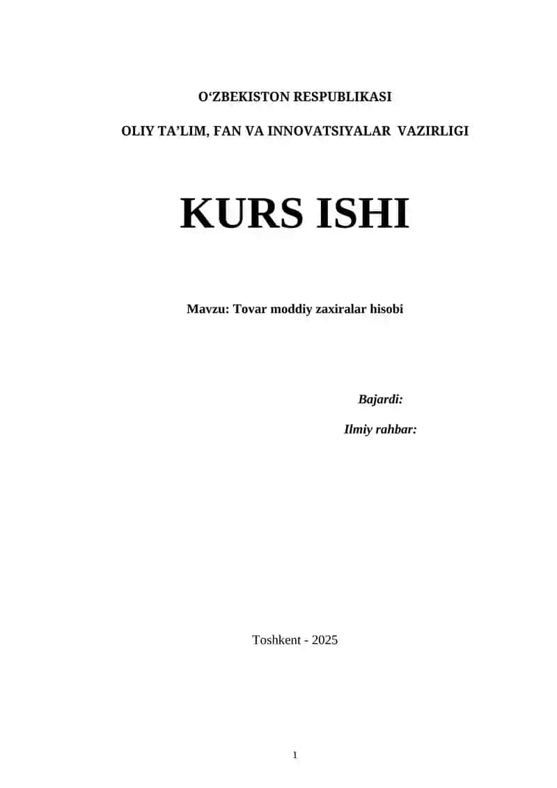 TOVAR MODDIY ZAXIRALAR HISOBI