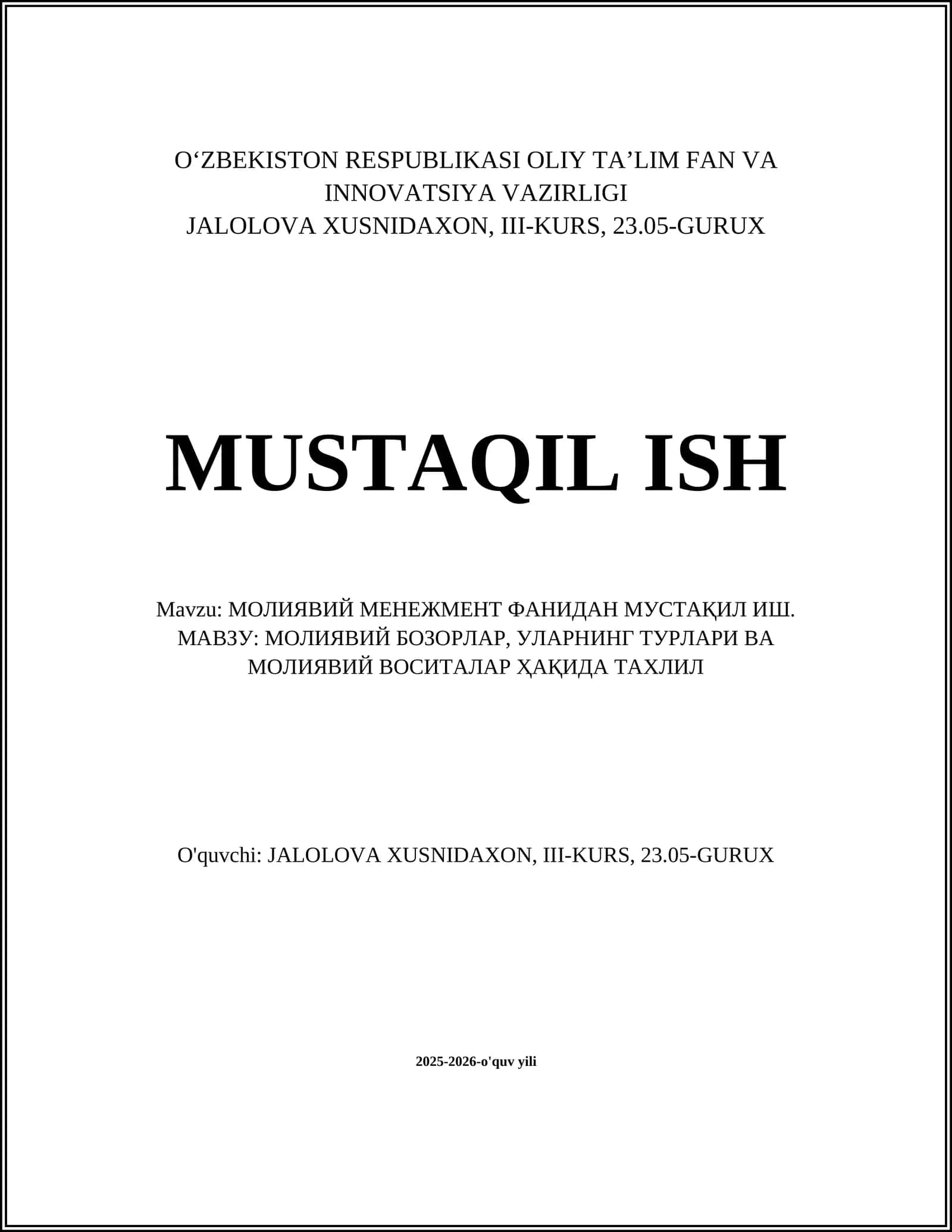 МОЛИЯВИЙ МЕНЕЖМЕНТ ФАНИДАН МУСТАҚИЛ ИШ 1