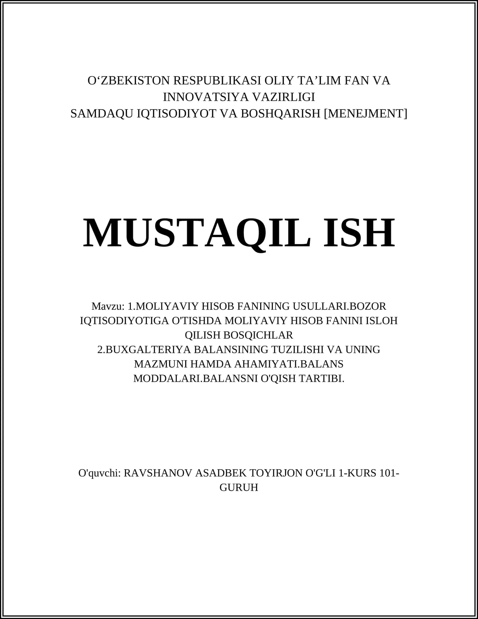 Buxgalteriya balansi (Moliyaviy holat hissoboti) 1