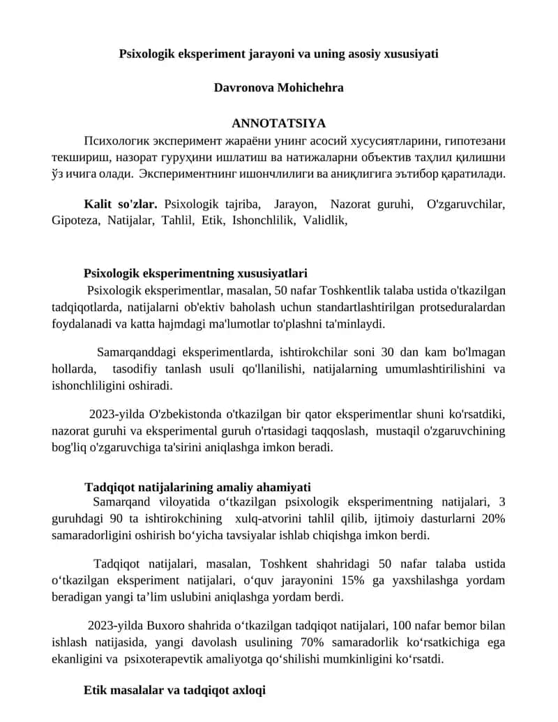 Psixologik eksperiment jarayoni va uning asosiy xususiyati 1