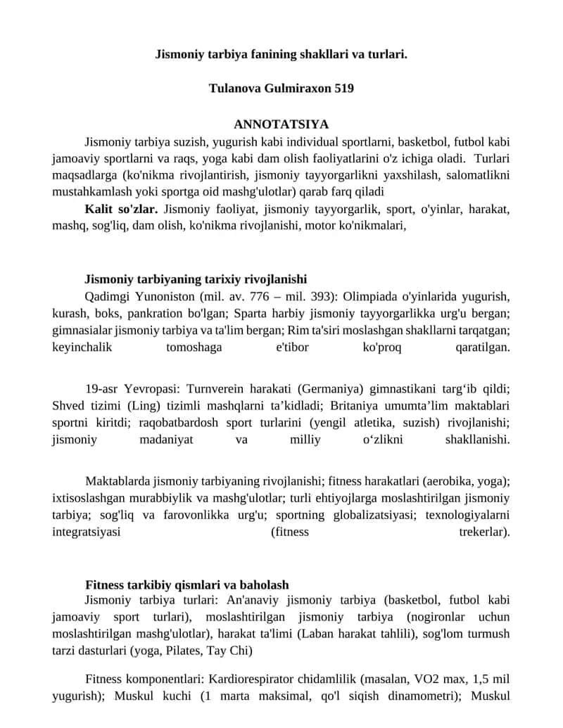 Jismoniy tarbiya fanining shakllari va turlari 1
