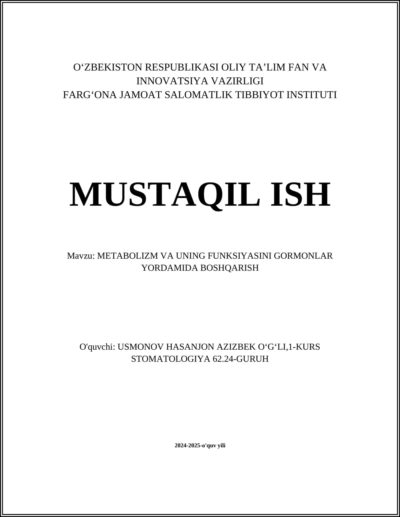 METABOLIZM VA UNING FUNKSIYASINI GORMONLAR YORDAMIDA BOSHQARISH 1