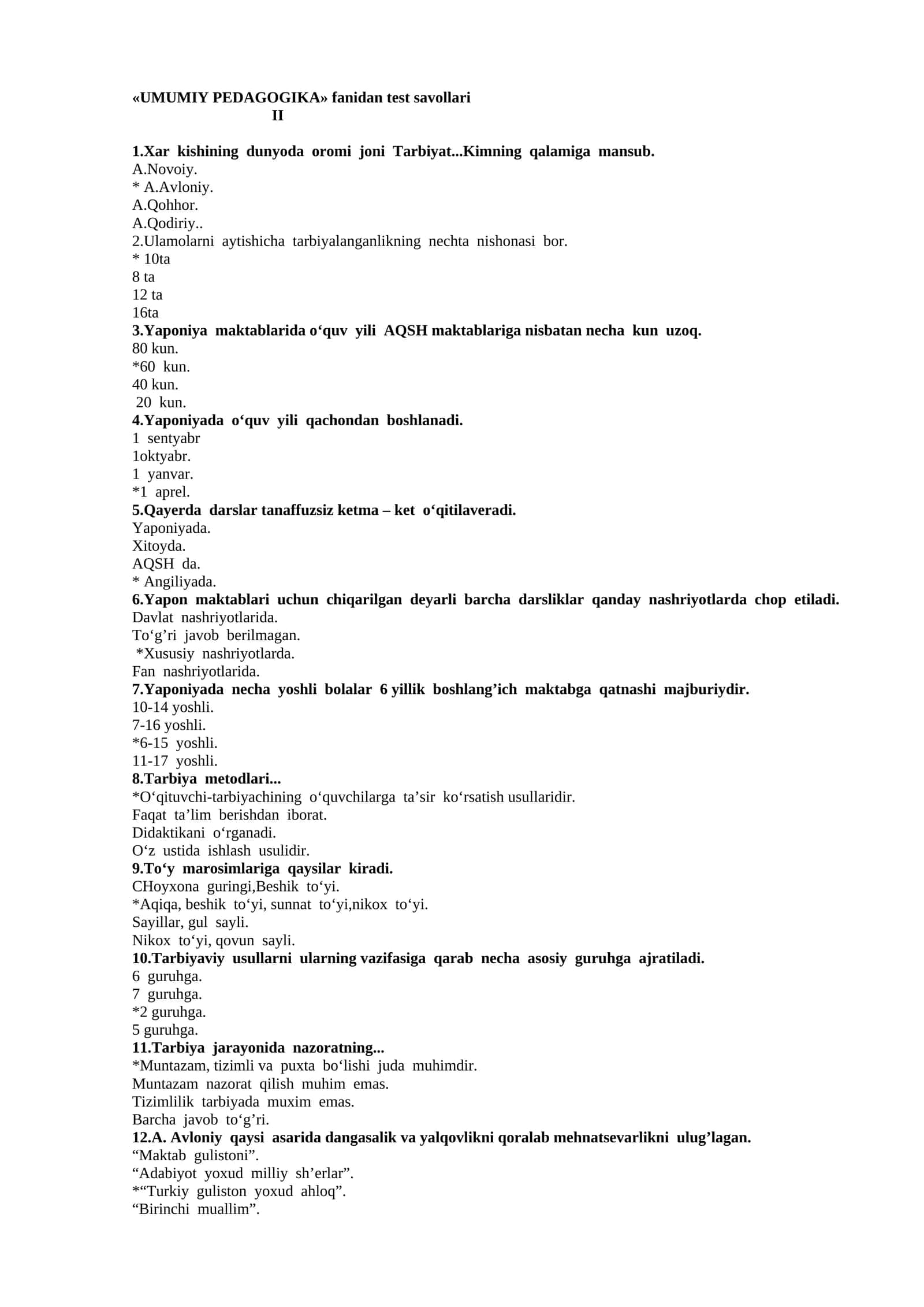UMUMIY PEDAGOGIKA fanidan test savollari II 1
