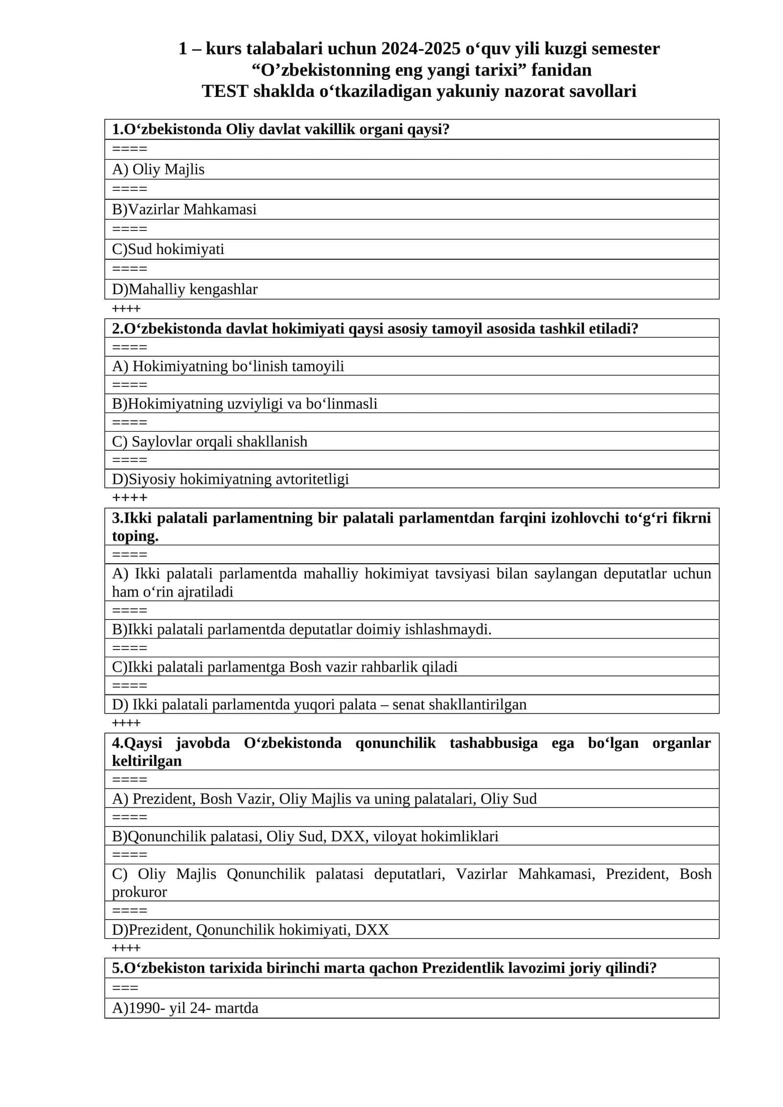 “O’zbekistonning eng yangi tarixi” fanidan TEST shaklda o‘tkaziladigan yakuniy nazorat savollari 1