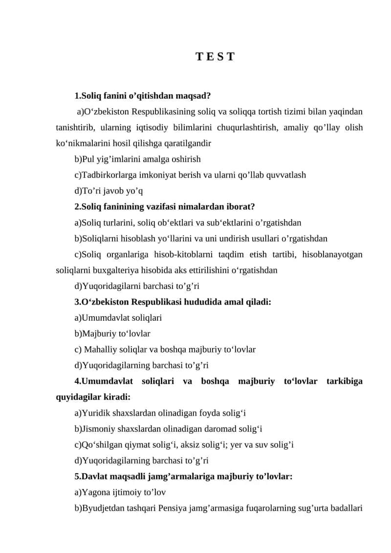 Soliq test 10 ta topshiriq uchun. 1