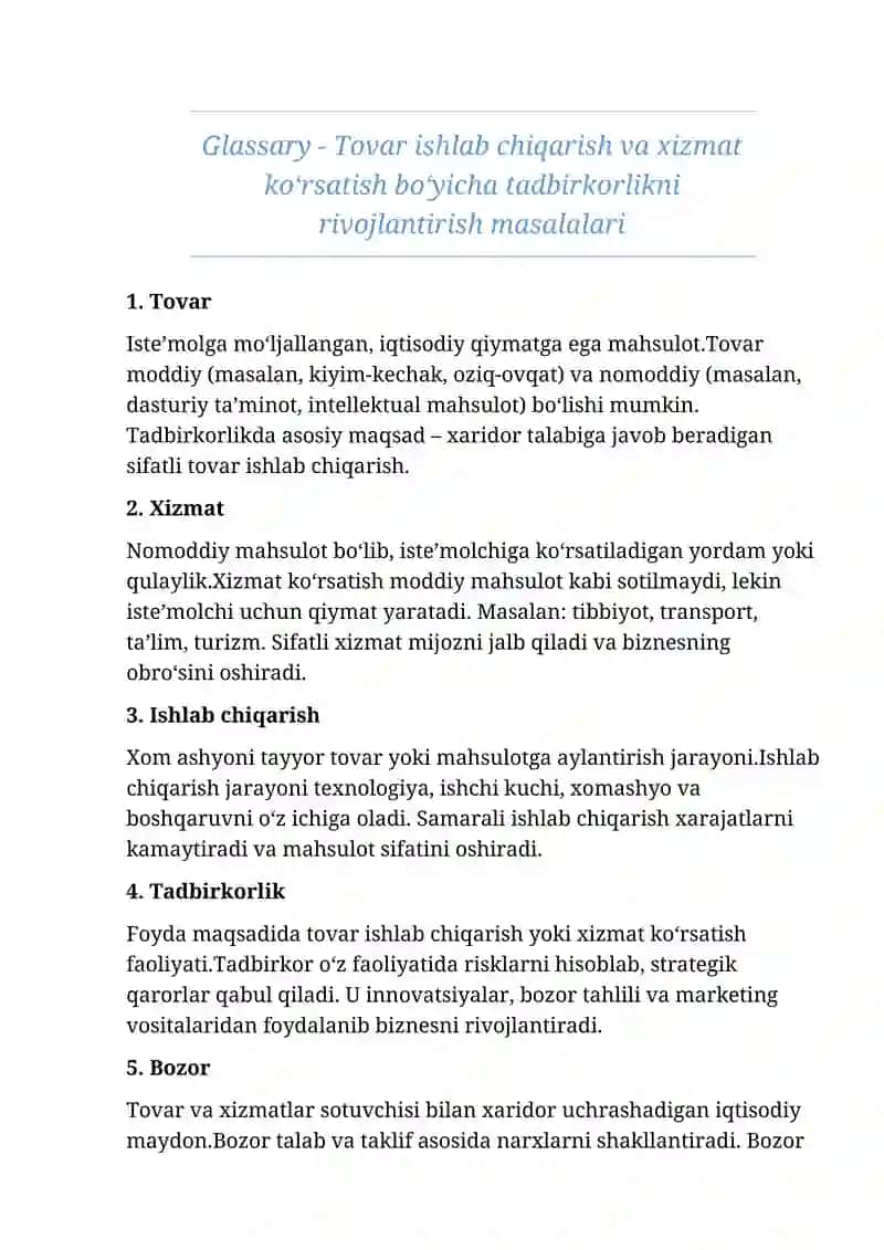Glassary - Tovar ishlab chiqarish va xizmat koʻrsatish boʻyicha tadbirkorlikni rivojlantirish masalalari