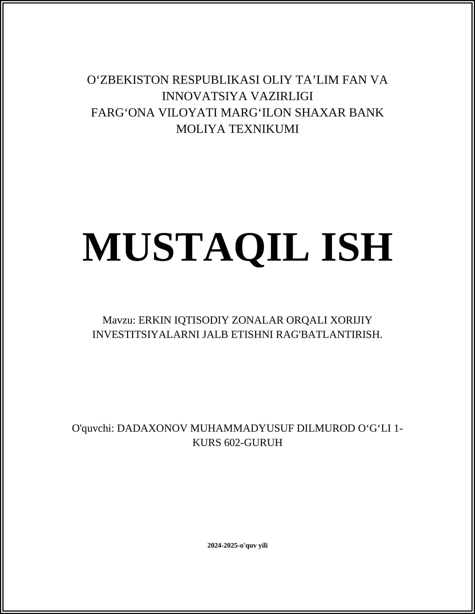 ERKIN IQTISODIY ZONALAR ORQALI XORIJIY INVESTITSIYALARNI JALB ETISHNI RAG'BATLANTIRISH 1