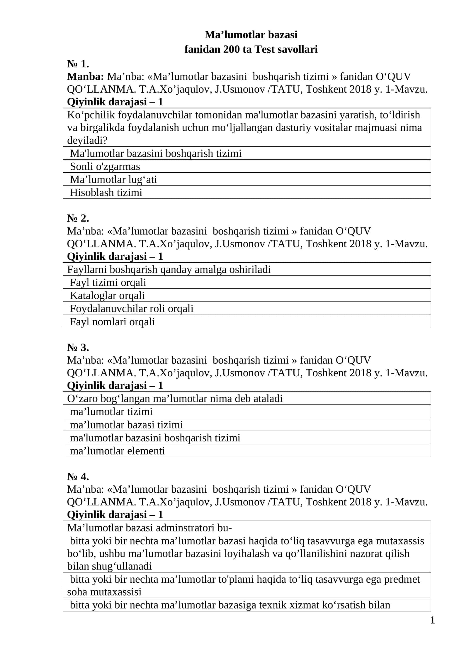 Ma’lumotlar bazasi fanidan 200 ta Test savollari 1
