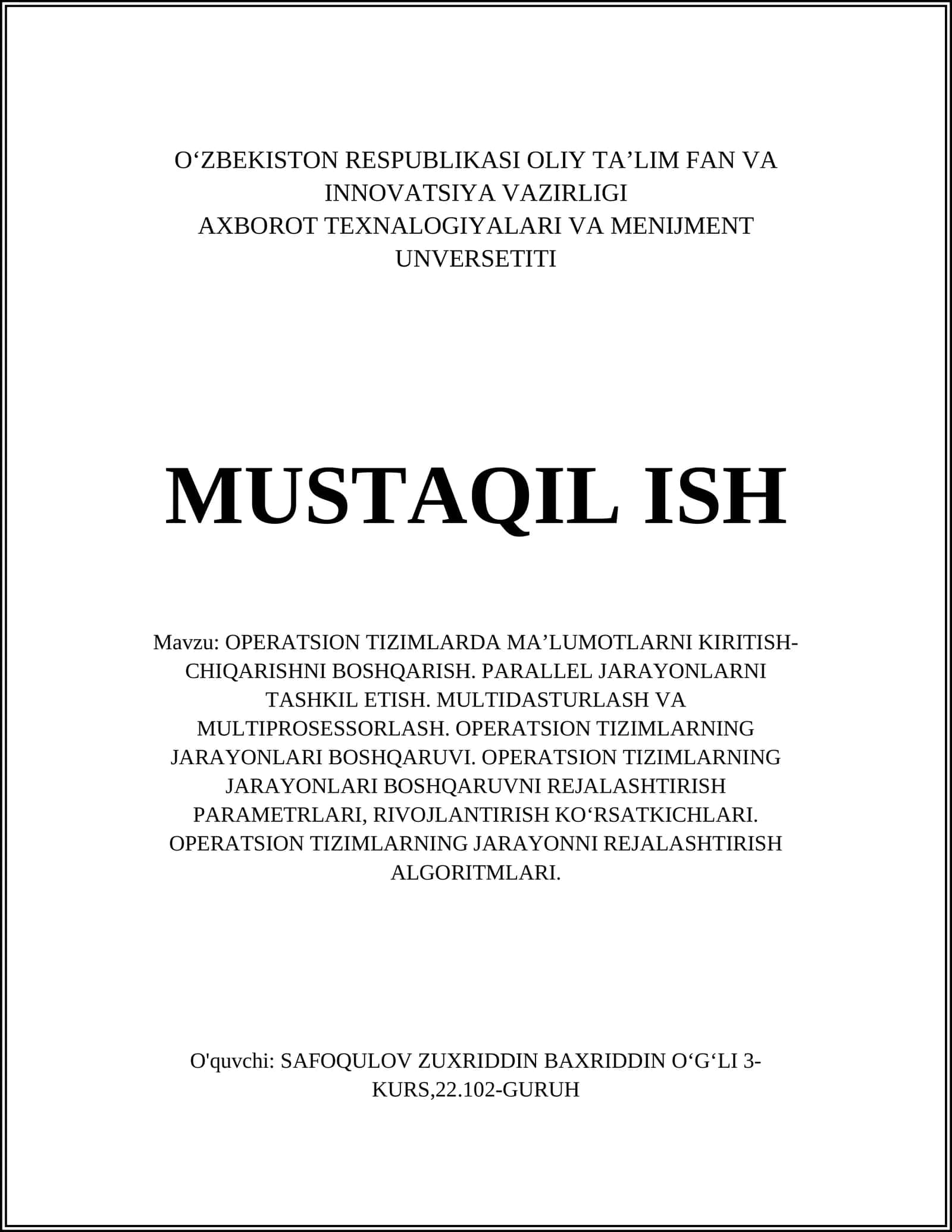 OPERATSION TIZIMLARDA MA’LUMOTLARNI KIRITISH-CHIQARISHNI BOSHQARISH 1