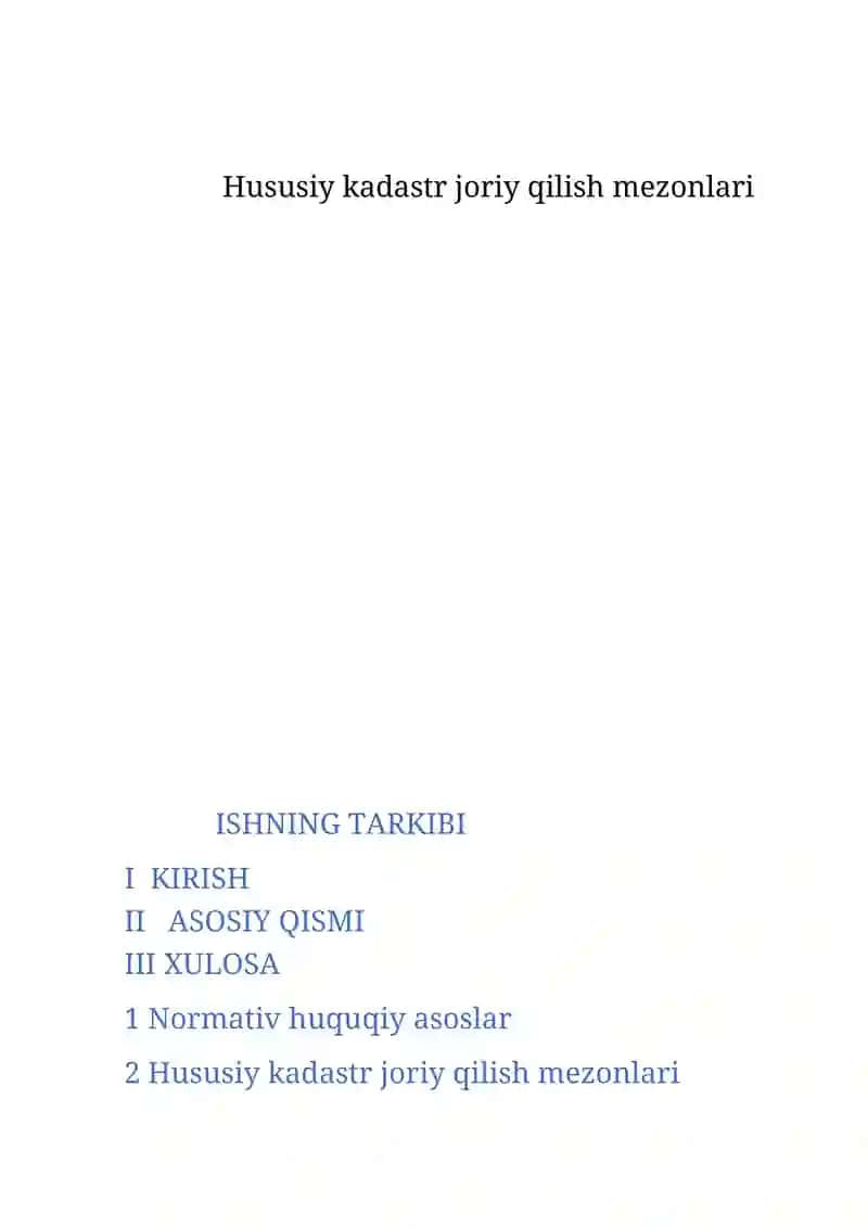 Hususiy kadastr joriy qilish mezonlari
