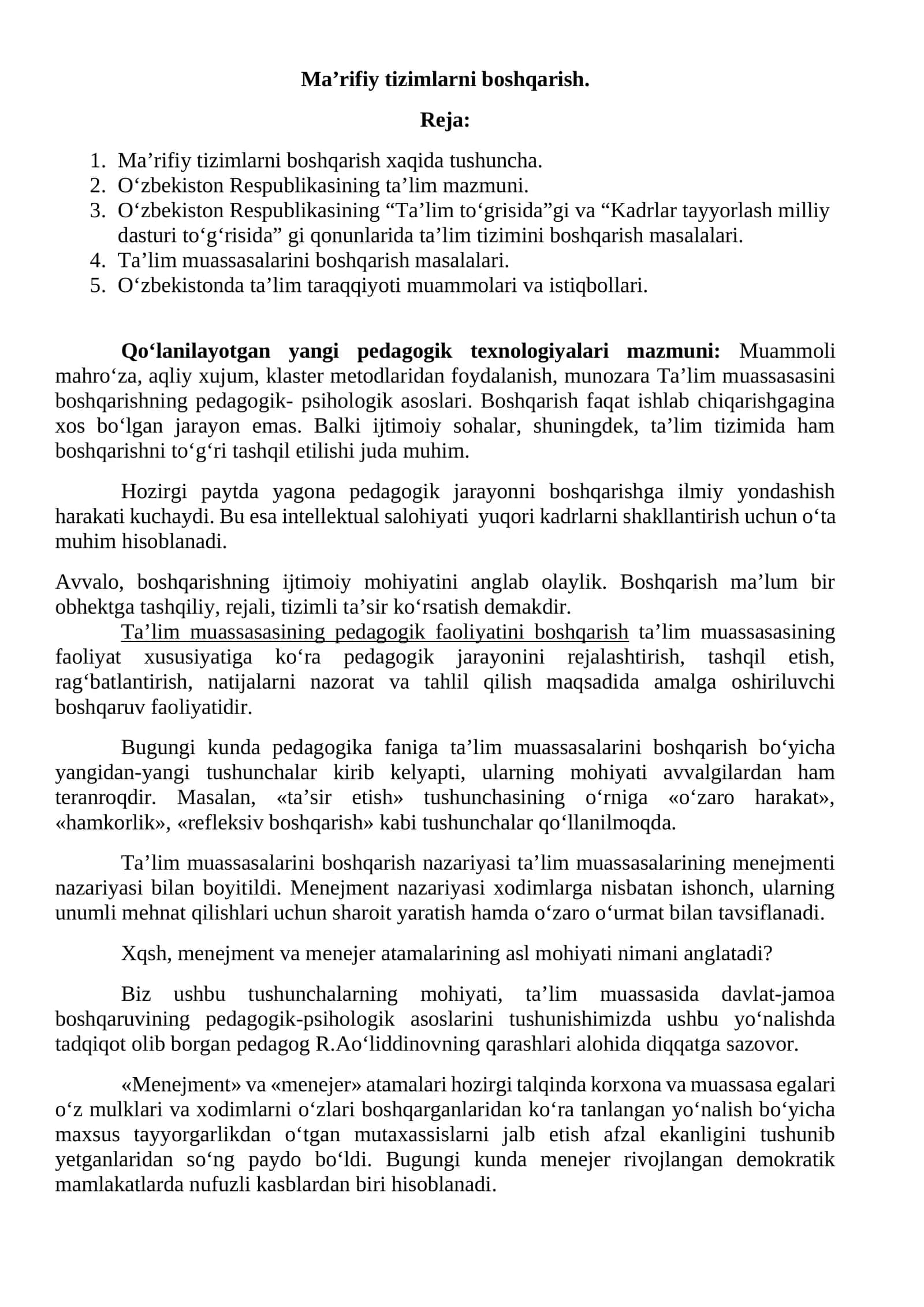 Ma’rifiy tizimlarni boshqarish 1