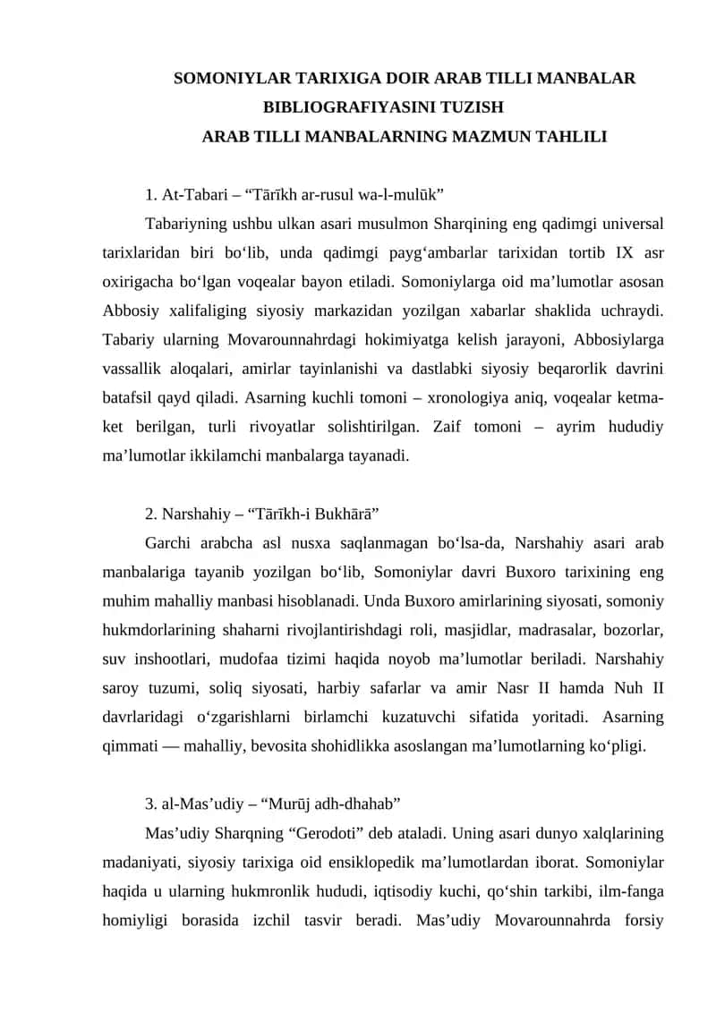 Somoniylar tarixiga doir arab tilli manbalar bibliografiyasini tuzish 1
