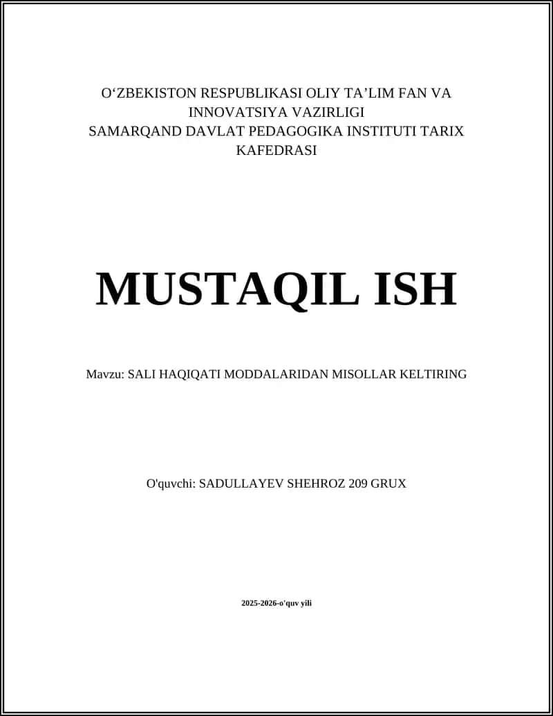 SALI HAQIQATI MODDALARIDAN MISOLLAR KELTIRING 1