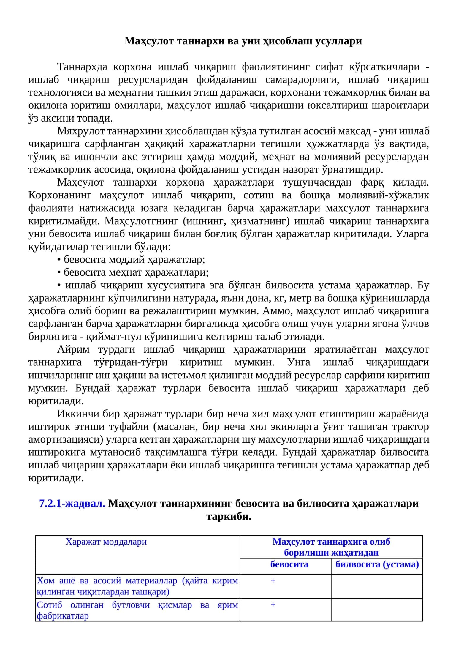 Маҳсулот таннархи ва уни ҳисоблаш усуллари 1