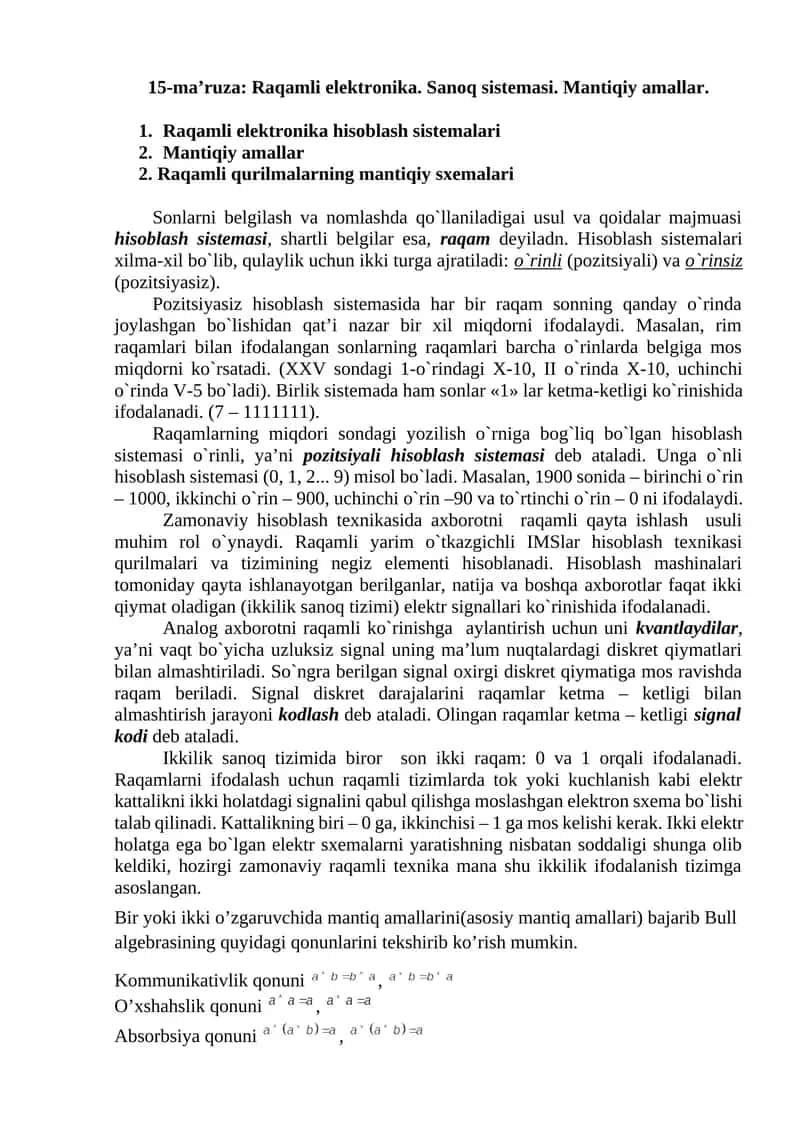 Raqamli elektronika. Sanoq sistemasi. Mantiqiy amallar. 1