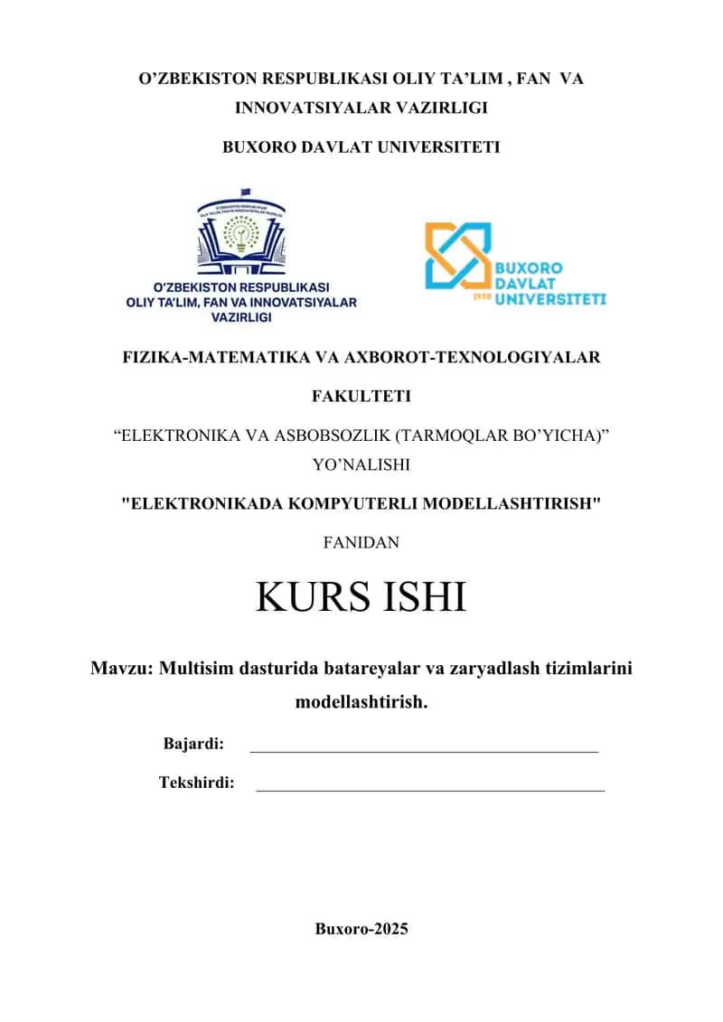 Multisim dasturida batareyalar va zaryadlash tizimlarini modellashtirish 1
