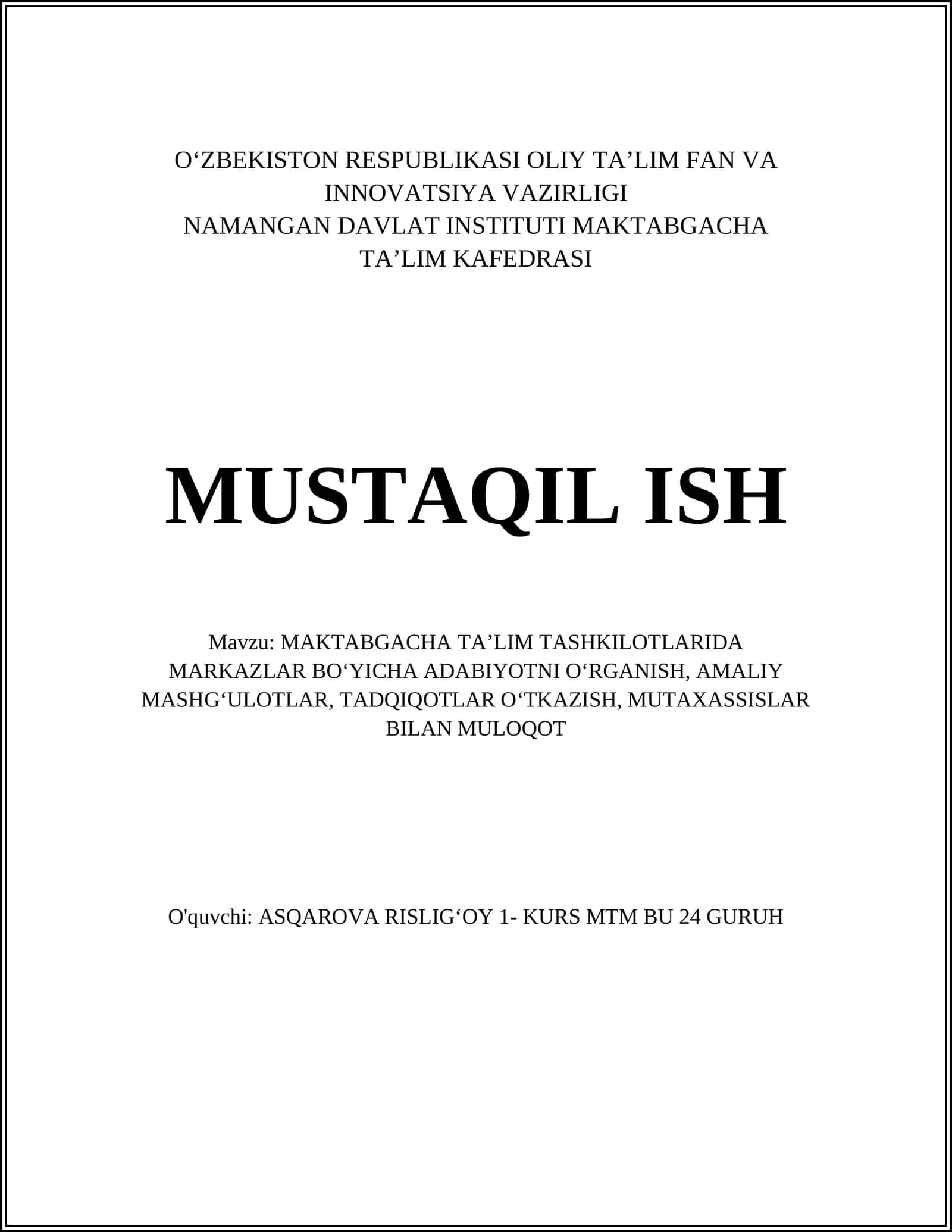 MAKTABGACHA TAʼLIM TASHKILOTLARIDA MARKAZLAR BOʻYICHA ADABIYOTNI OʻRGANISH, AMALIY MASHGʻULOTLAR, TADQIQOTLAR OʻTKAZISH, MUTAXASSISLAR BILAN MULOQOT 1