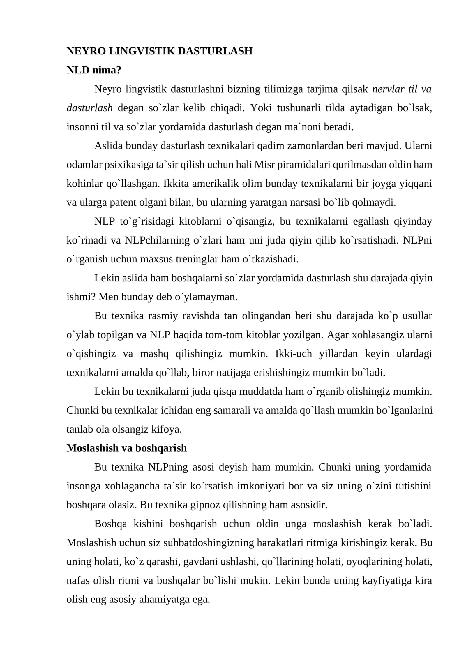 NEYRO LINGVISTIK DASTURLASH 1