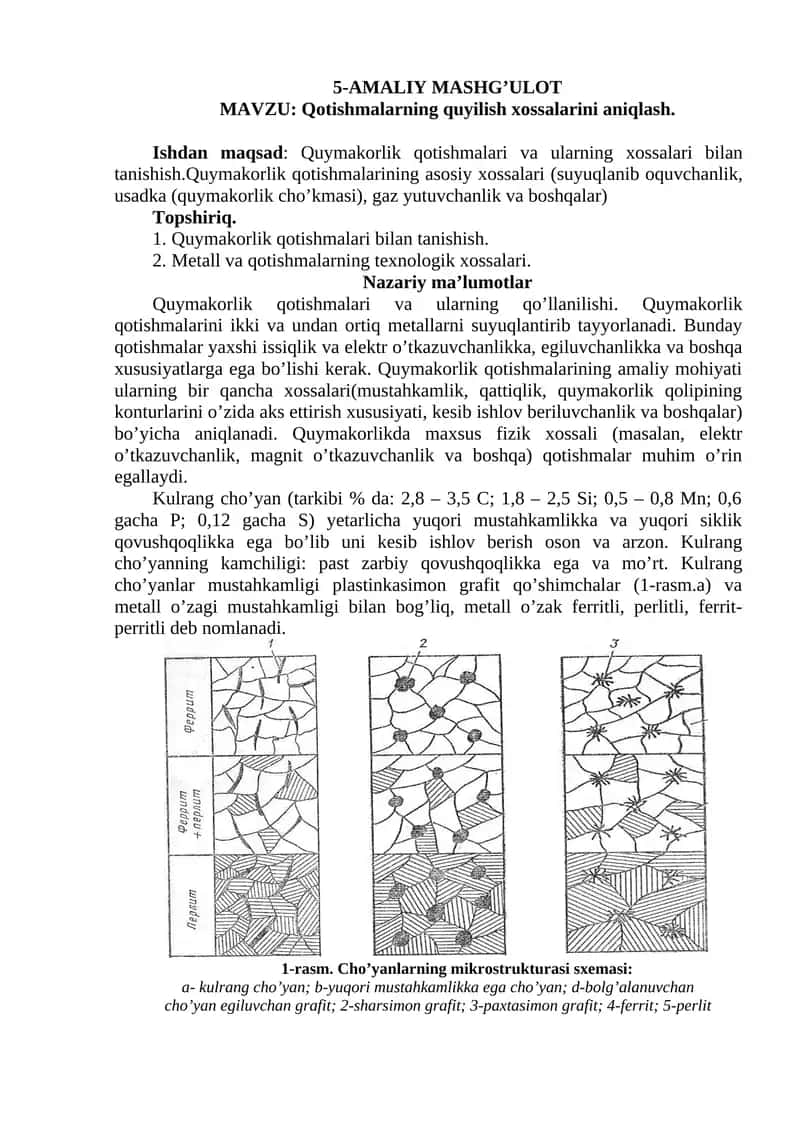 Qotishmalarning quyilish xossalarini aniqlash 1