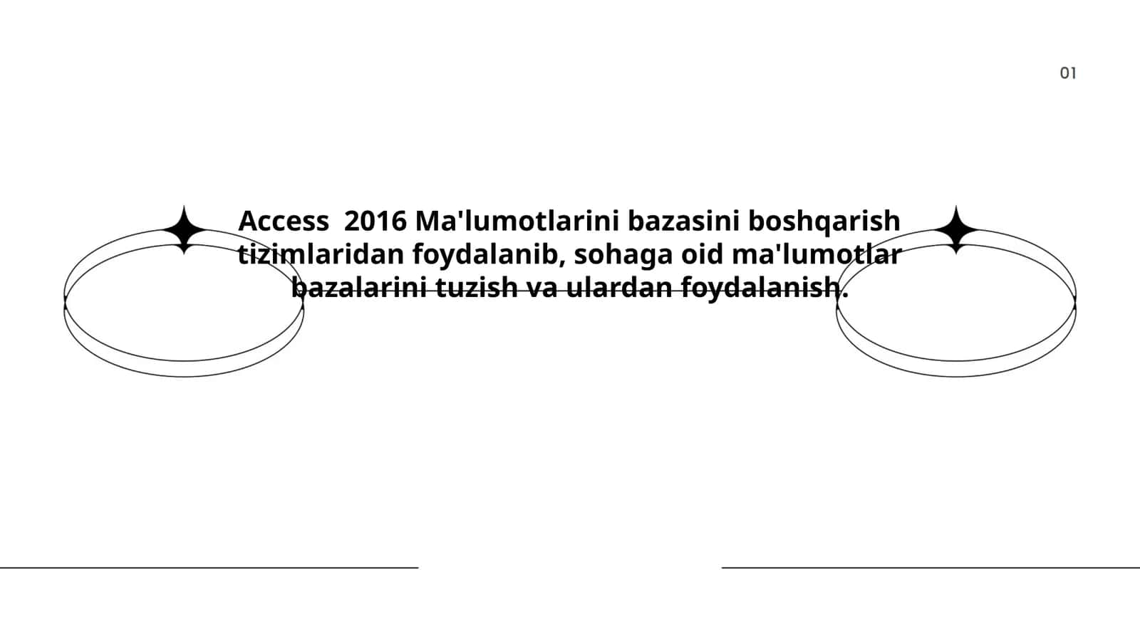 Access 2016 Ma'lumotlarini bazasini boshqarish tizimlaridan foydalanib, sohaga oid ma'lumotlar bazalarini tuzish va ulardan foydalanish 1