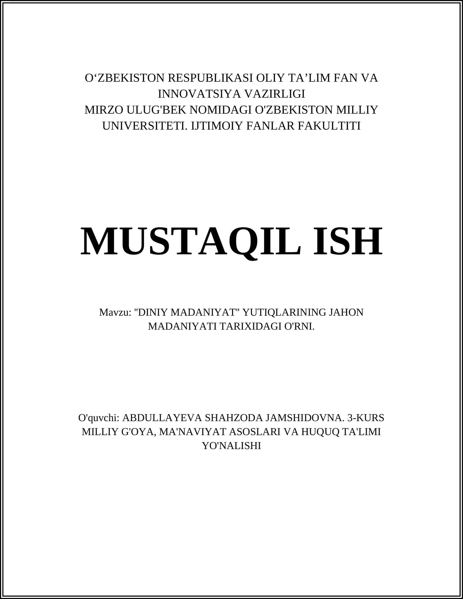 ''DINIY MADANIYAT'' YUTIQLARINING JAHON MADANIYATI TARIXIDAGI O'RNI 1