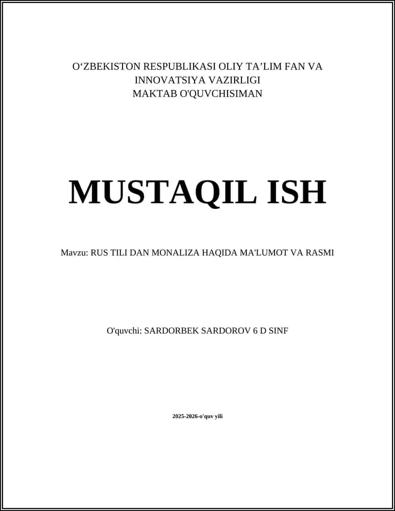 RUS TILI DAN MONALIZA HAQIDA MA'LUMOT VA RASMI 1