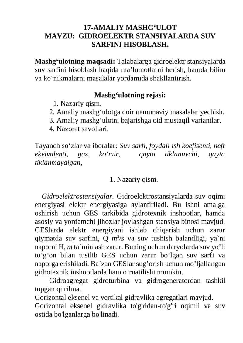 GIDROELEKTR STANSIYALARDA SUV SARFINI HISOBLASH. 1